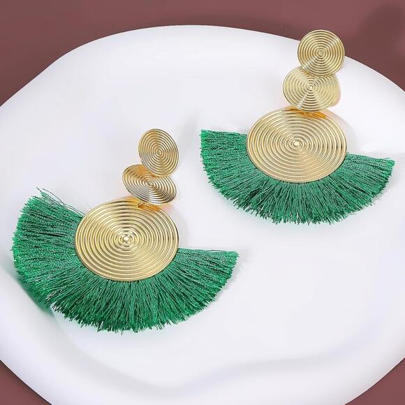 Gold and Green Tassel Earrings - Picture 1 of 2